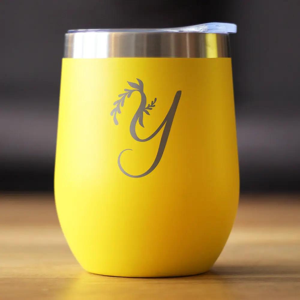Monogram Floral Y 12 oz wine tumbler in yellow with clear lid by bevvee on Tampa Home & Garden Store