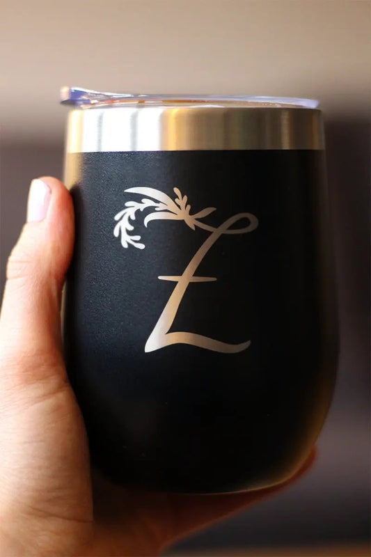 Wine tumbler bevvee with gold monogram Z and floral flourish on black on Tampa Home & Garden Store