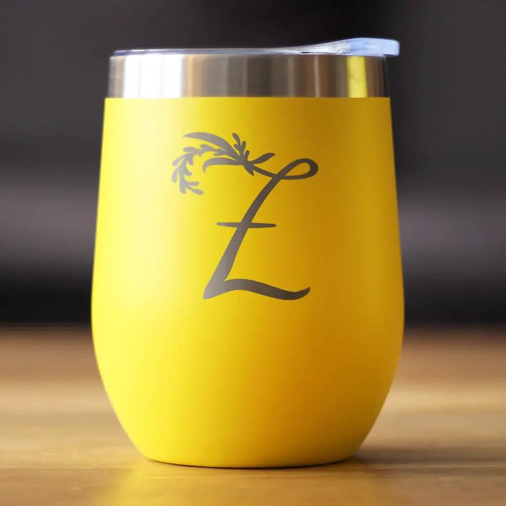 Wine tumbler with monogram floral Z in gray on yellow finish, stainless rim, clear lid on Tampa Home & Garden Store