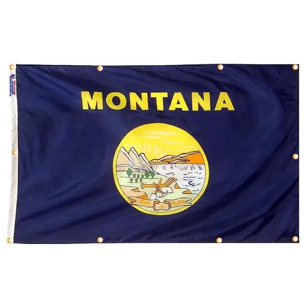 Montana flag navy blue with grommets, yellow MONTANA lettering and round state seal on Tampa Home & Garden Store
