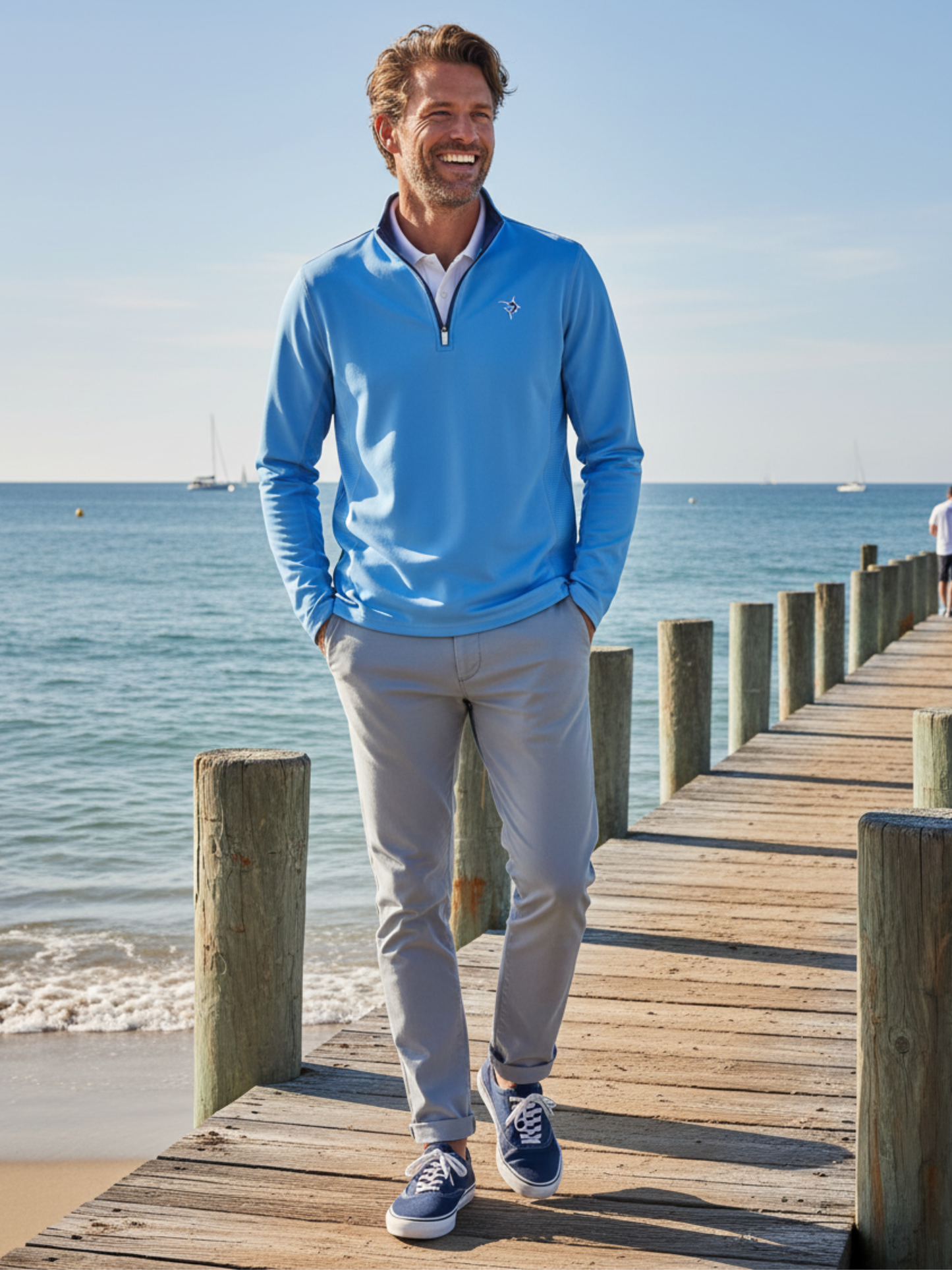 Montauk Quarter Zip Midweight Comfort blue pullover by White Water Life with chest logo on Tampa Home & Garden Store