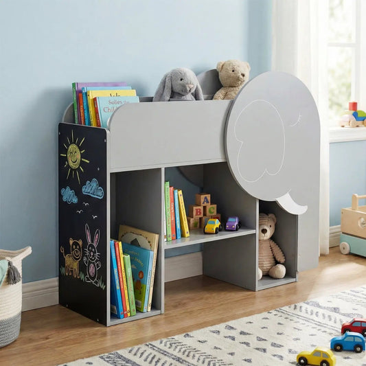 Montessori Elephant Bookshelf 3-Tier Grey storage unit with elephant head side panel on Tampa Home & Garden Store