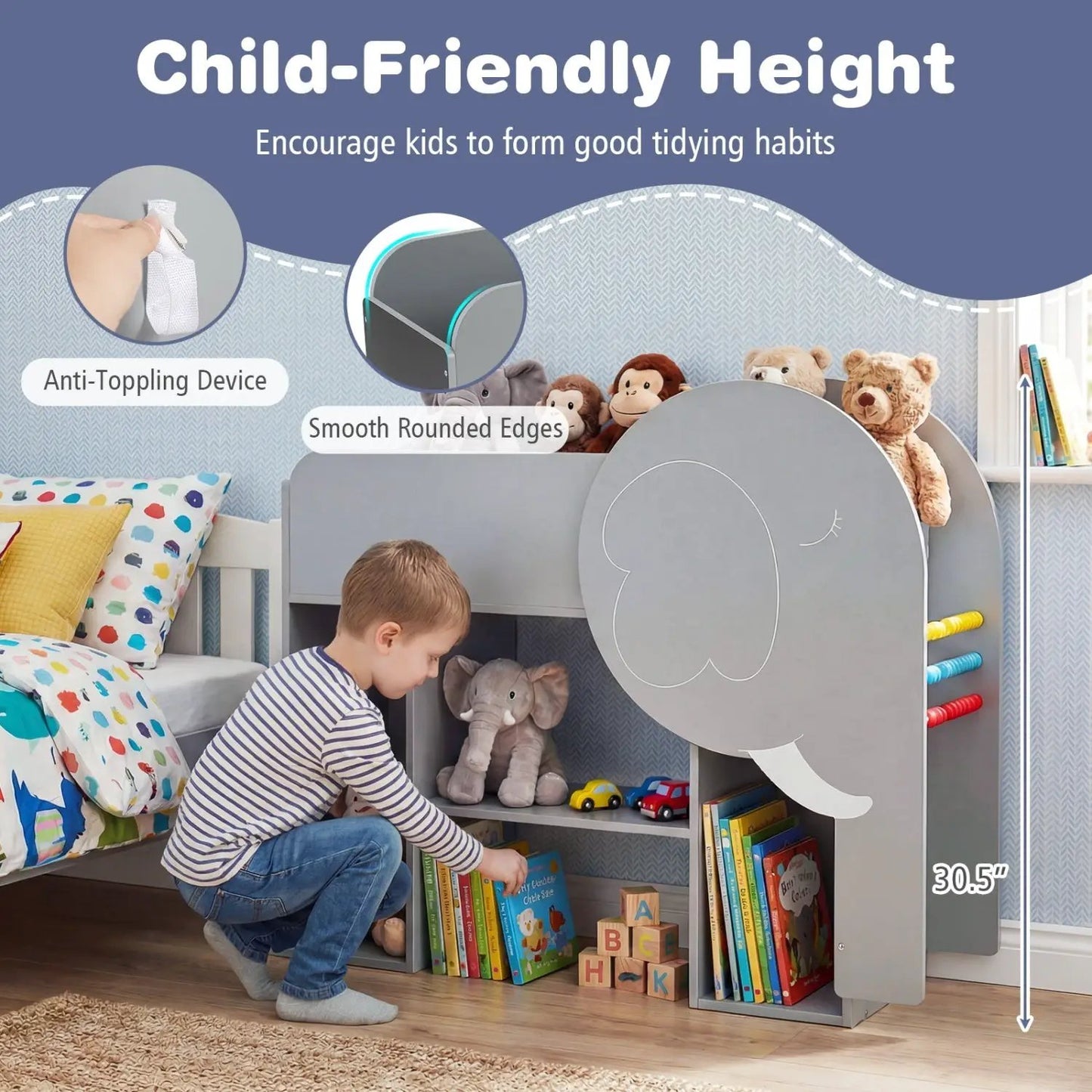 Montessori Elephant Bookshelf 3-Tier Grey Storage toddler toy organizer DirectDeals on Tampa Home & Garden Store
