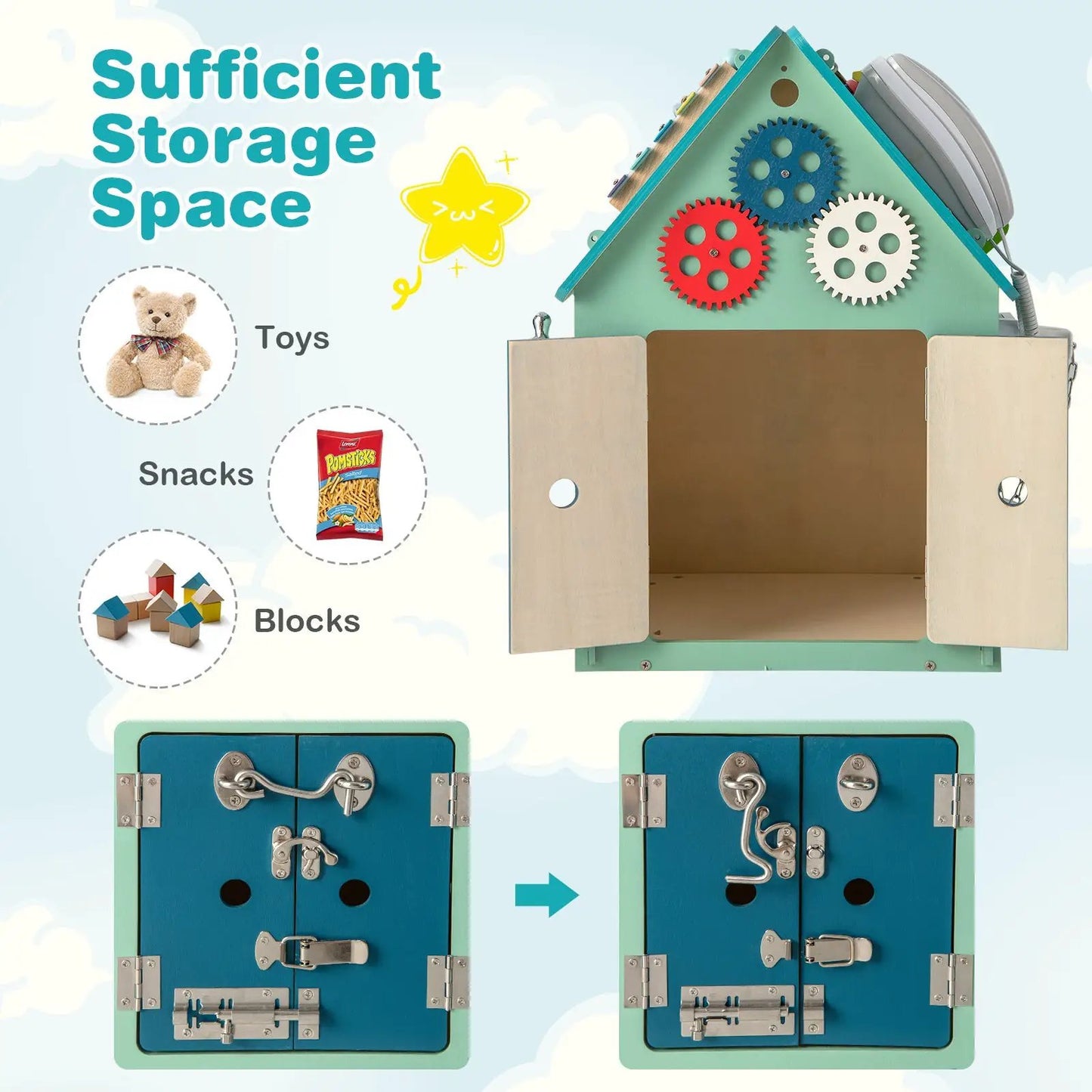 Montessori Play House Blue with sensory gear panels and interior storage DirectDeals on Tampa Home & Garden Store
