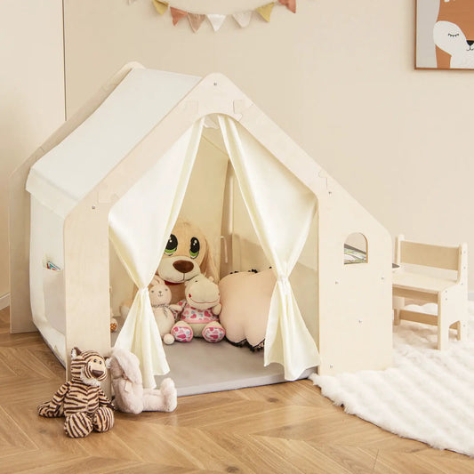 Montessori indoor playhouse beige with fabric curtains and plush toys inside on Tampa Home & Garden Store