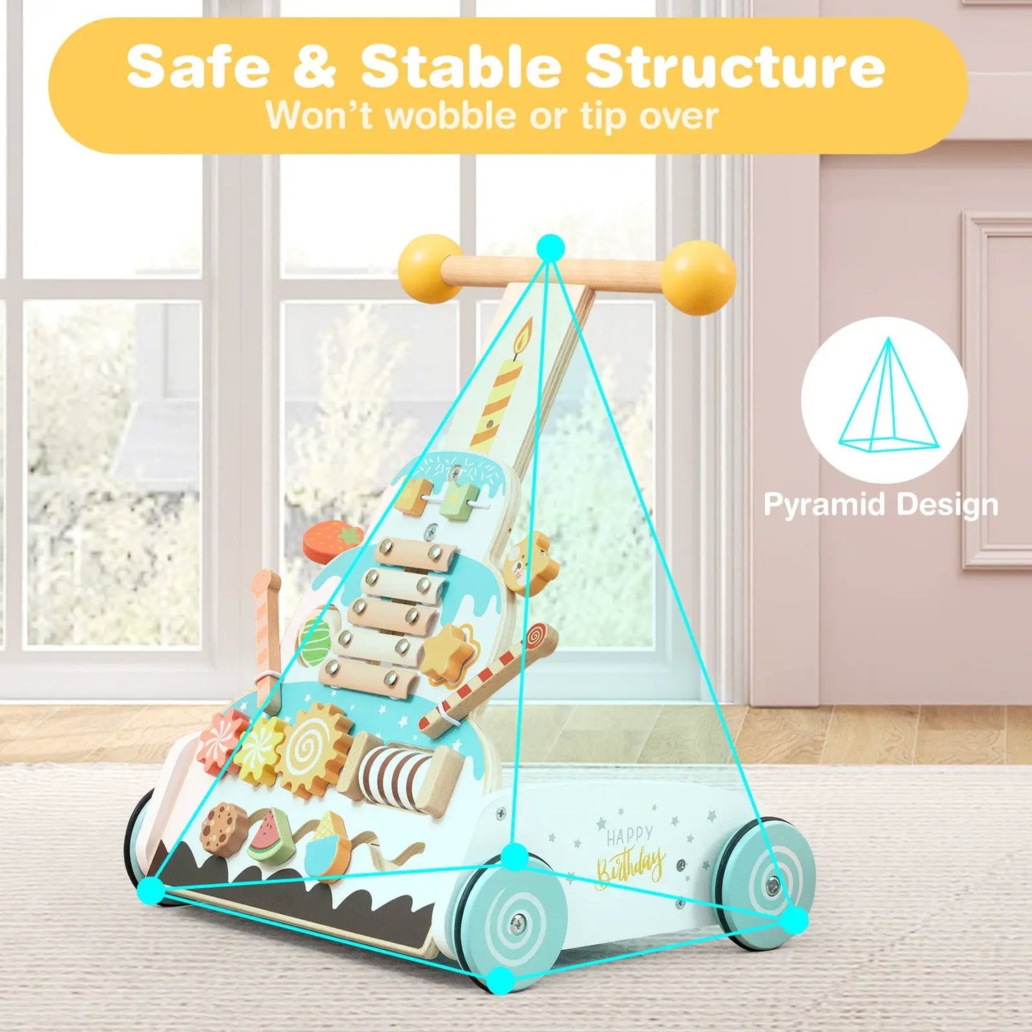 Wooden baby walker with adjustable heights, turquoise accents and durable wood construction on Tampa Home & Garden Store