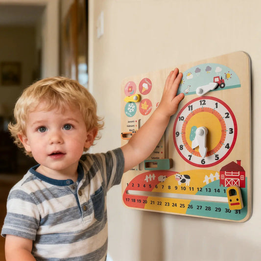 Montessori wooden toddler clock toy mounted on wall with seasonal dials DirectDeals on Tampa Home & Garden Store
