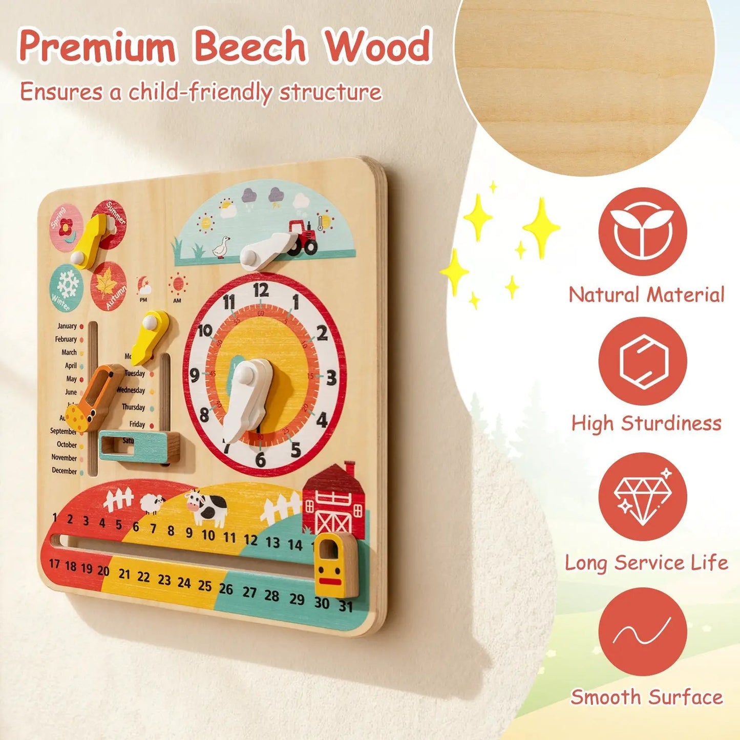 Montessori Wooden Toddler Clock Toy with sliders and calendar wheel on natural beech wood on Tampa Home & Garden Store