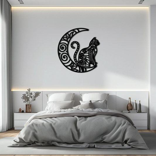 Moon & Cat Metal Wall Art – Mystical Feline Decor - KAF266 - Tampa Home & Garden Store