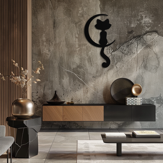 Moonlight Cat Metal Wall Art - Elegant Feline Silhouette Decor - KAF058 - Tampa Home & Garden Store