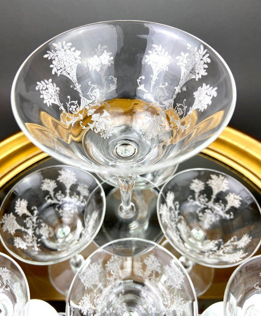Morgantown Mayfair Etched Glasses, Liquoir or Coctail, Vintage Glass. Set of Eight Stemware. - Tampa Home & Garden Store