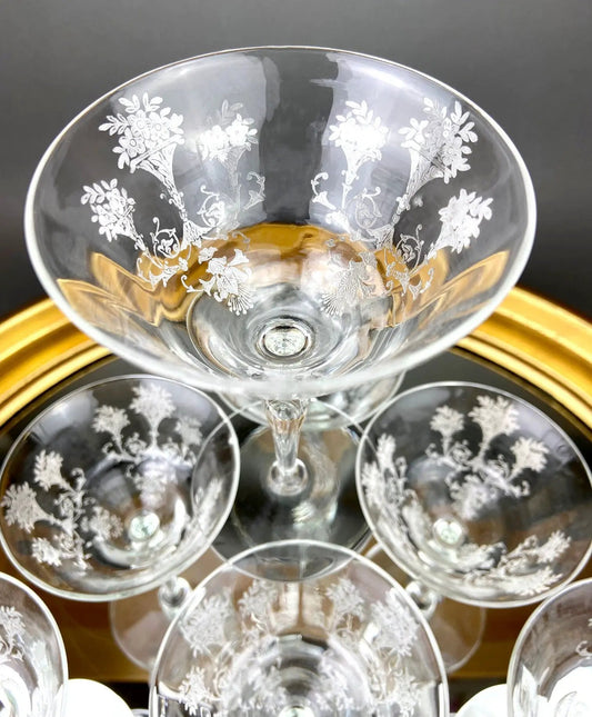 Morgantown Mayfair etched glasses set of eight, clear stemware with floral engravings on Tampa Home & Garden Store