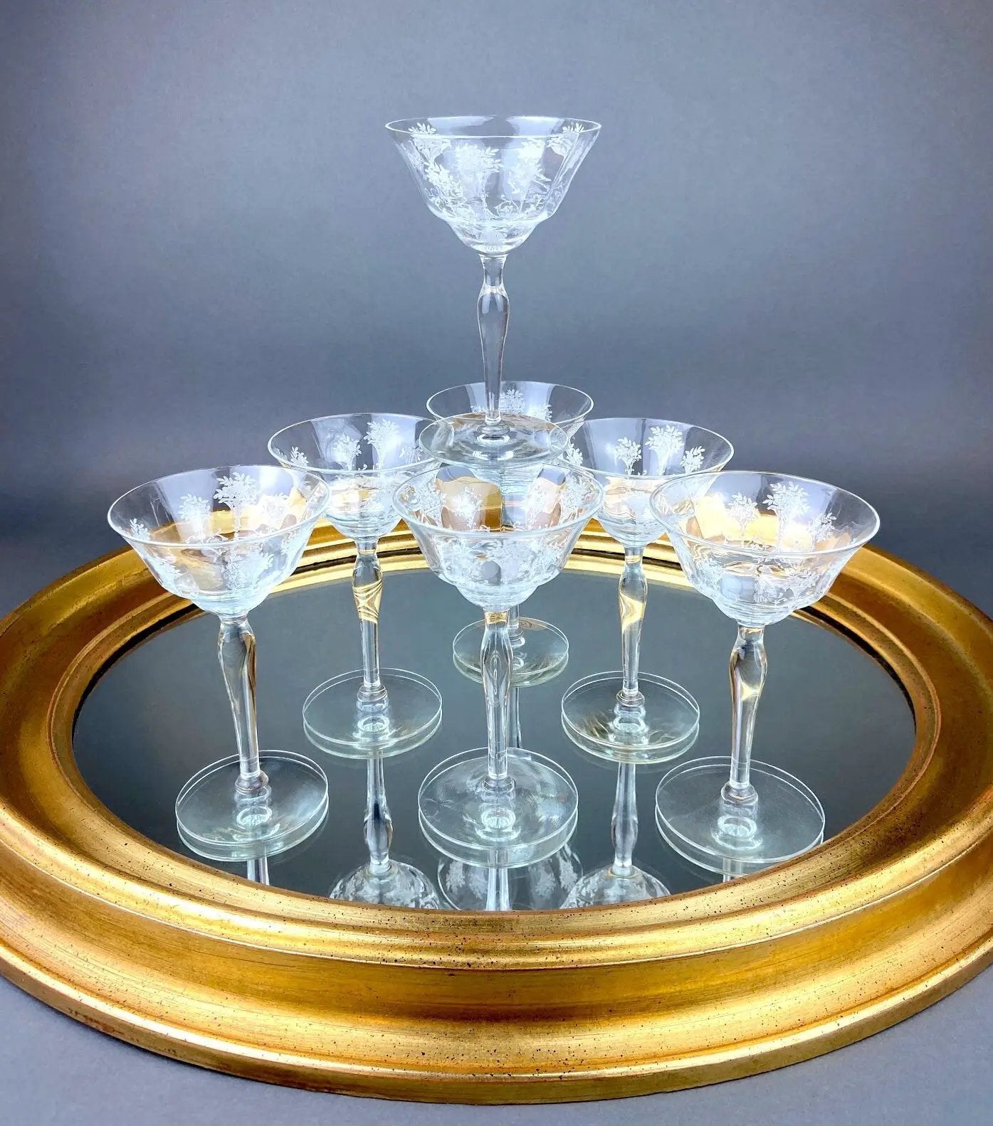 Morgantown Mayfair etched stemware set of eight glasses with engraving on a gold-toned tray on Tampa Home & Garden Store