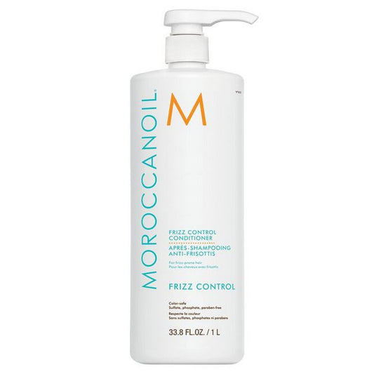 Moroccanoil Frizz Control Conditioner bottle with pump, white 1 L, turquoise branding on Tampa Home & Garden Store