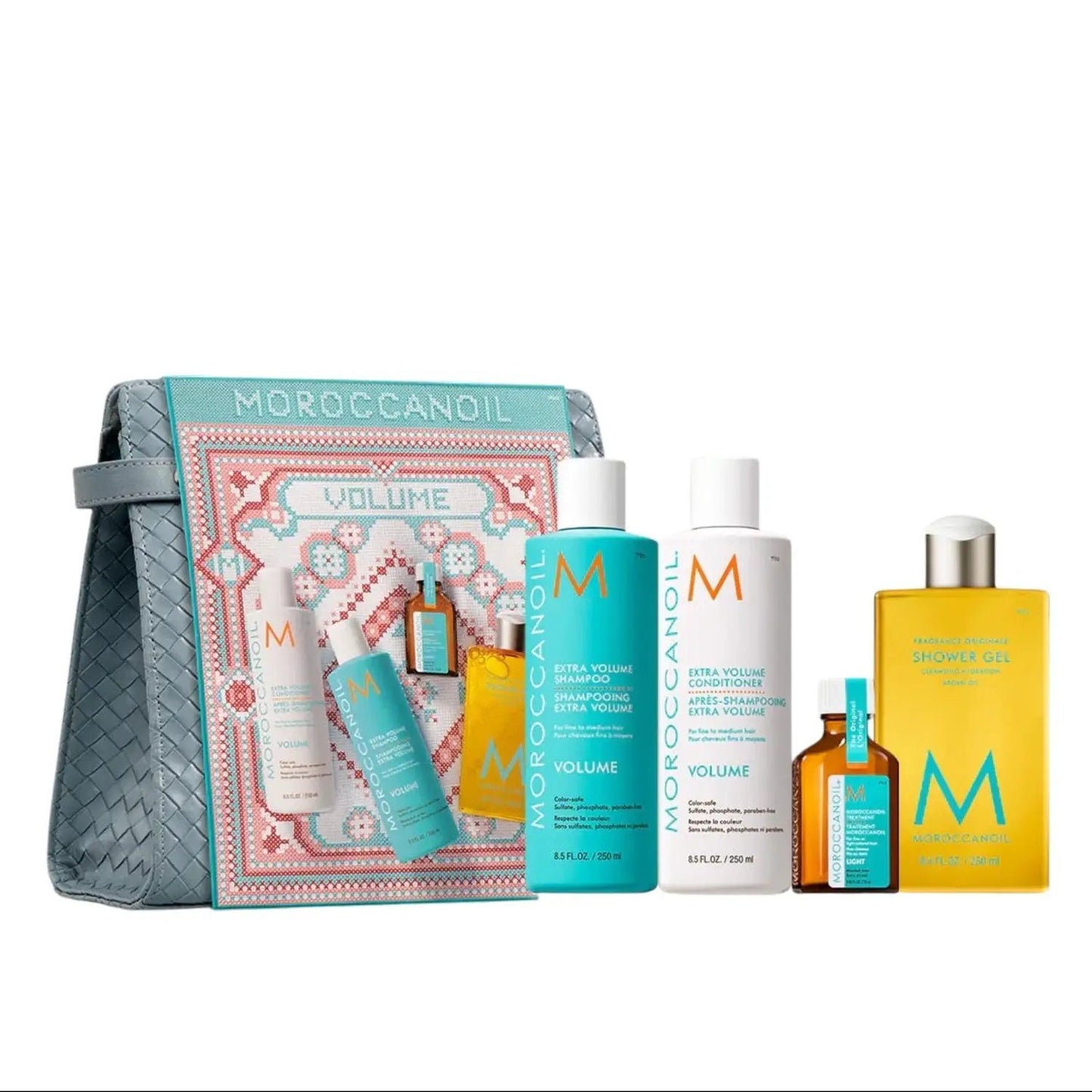 Moroccanoil Volume Gift Set 2025 by Nava Beauty; bag with aqua shampoo & white conditioner on Tampa Home & Garden Store