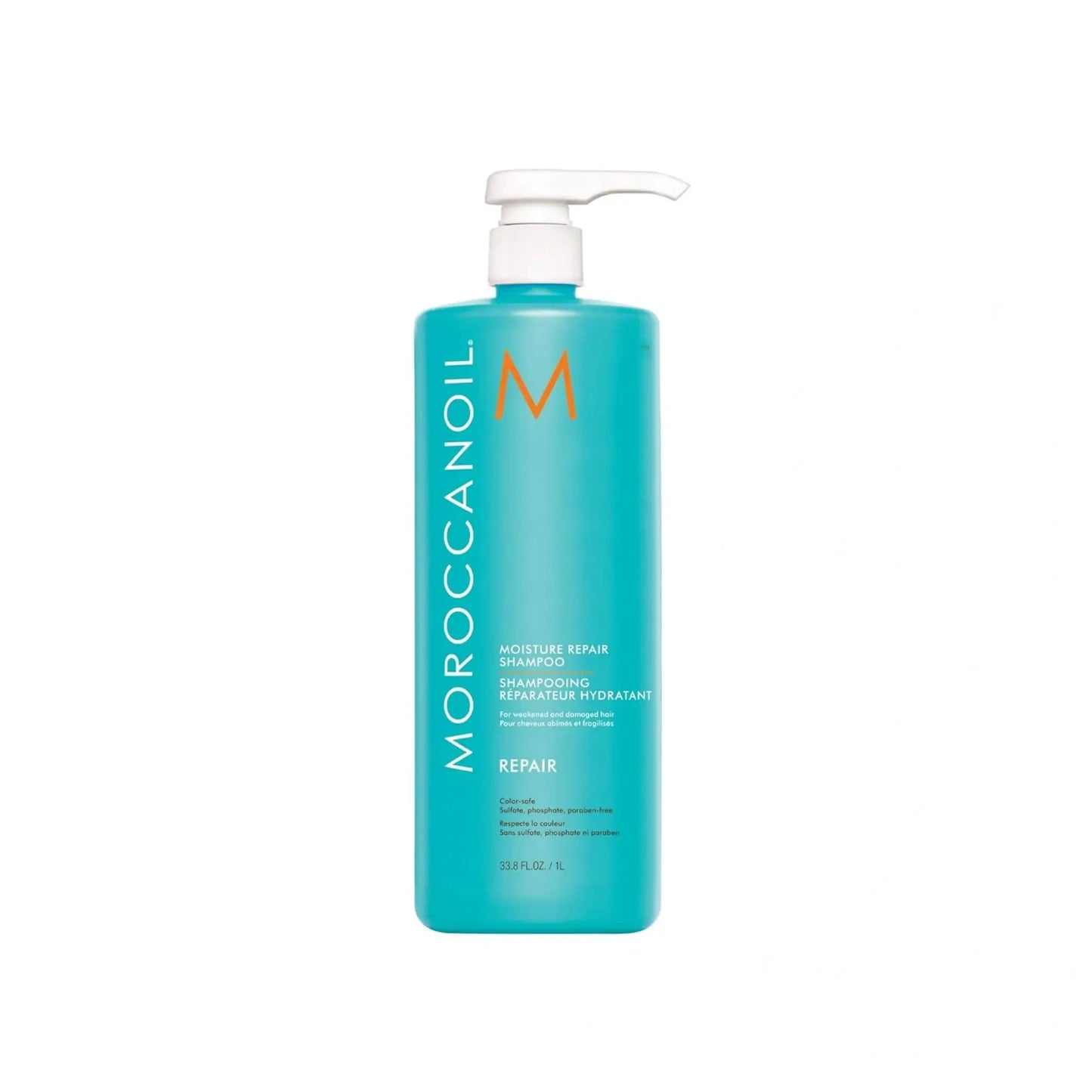 Moroccanoil Moisture Repair Shampoo turquoise bottle with white pump by Nava Beauty on Tampa Home & Garden Store