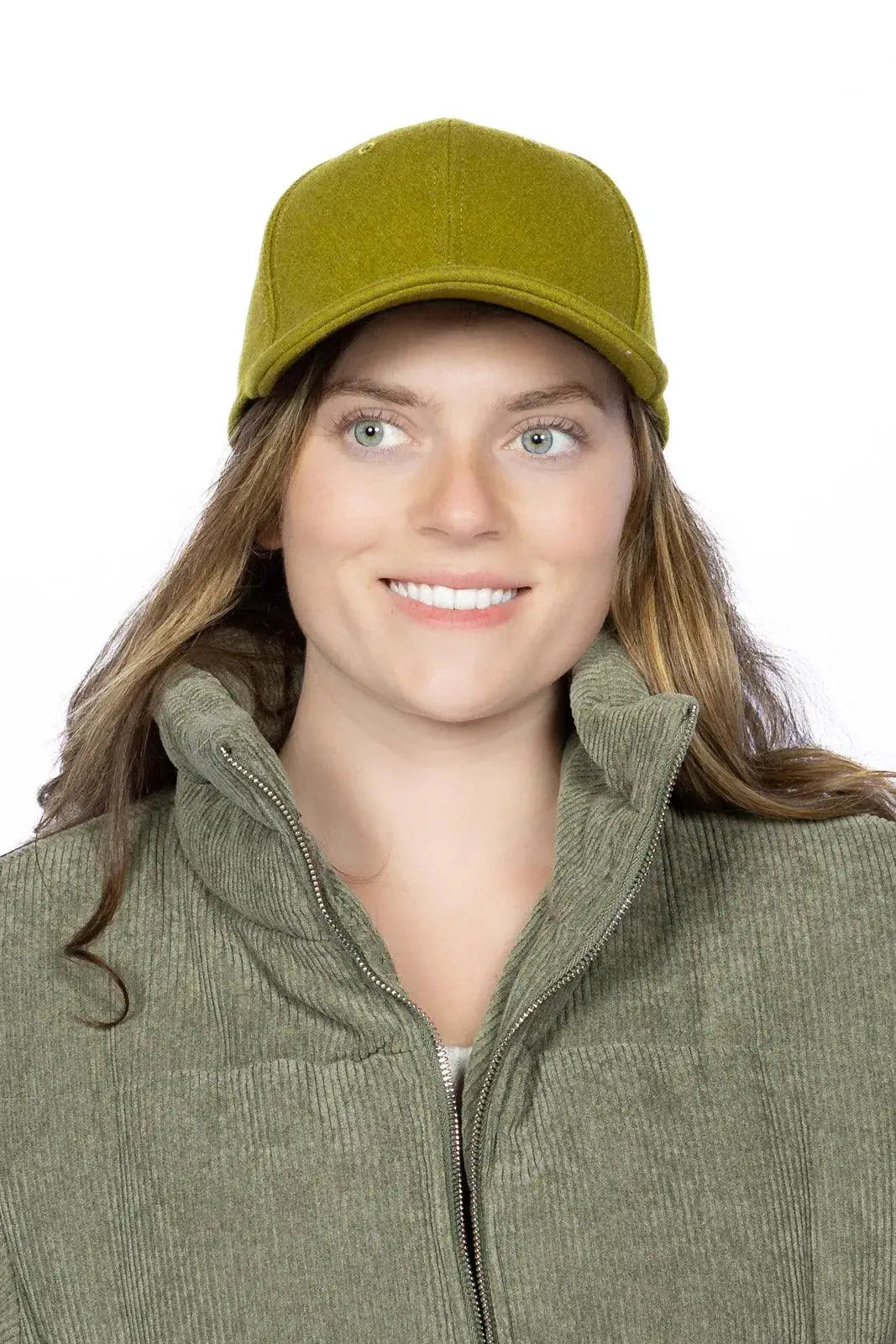Mossy Pine brushed wool baseball cap in olive green, casual hat on model on Tampa Home & Garden Store
