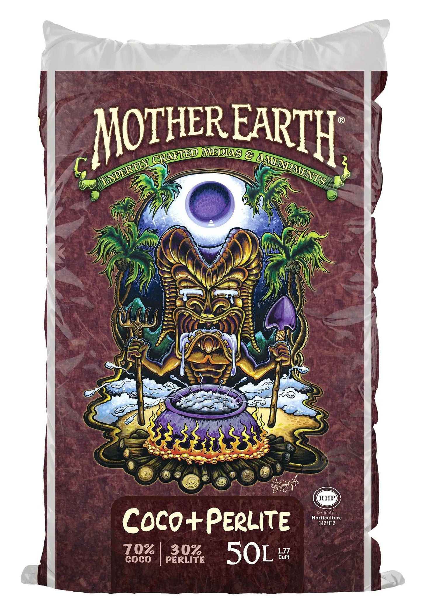 Mother Earth Coco + Perlite growing media bag with tiki artwork, 50L, 70% coco/30% perlite on Tampa Home & Garden Store