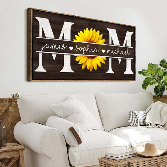 Mothers Day Personalized Gift Canvas with sunflower accent and three names on a dark wood panel on Tampa Home & Garden Store