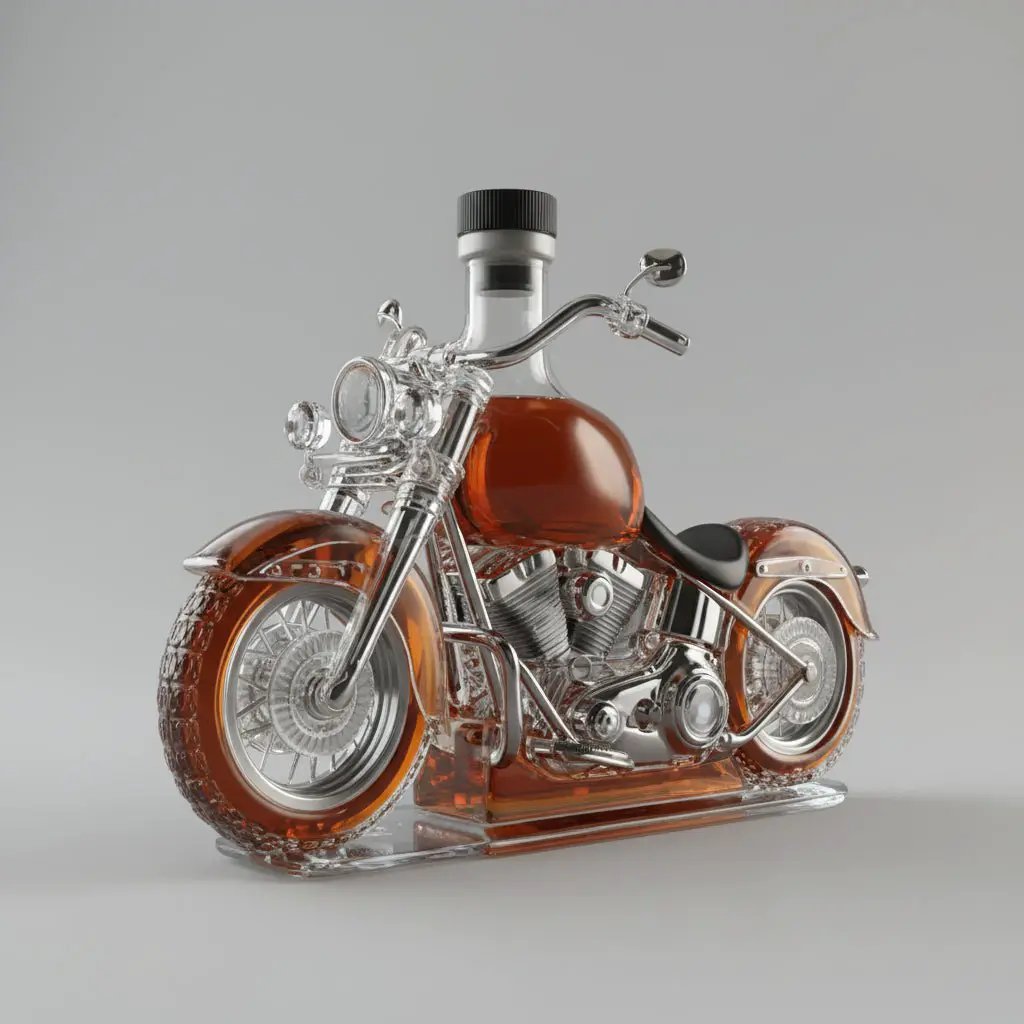Motorcycle Engine Whiskey Decanter in clear glass, orange liquid V-Twin chrome engine detail on Tampa Home & Garden Store