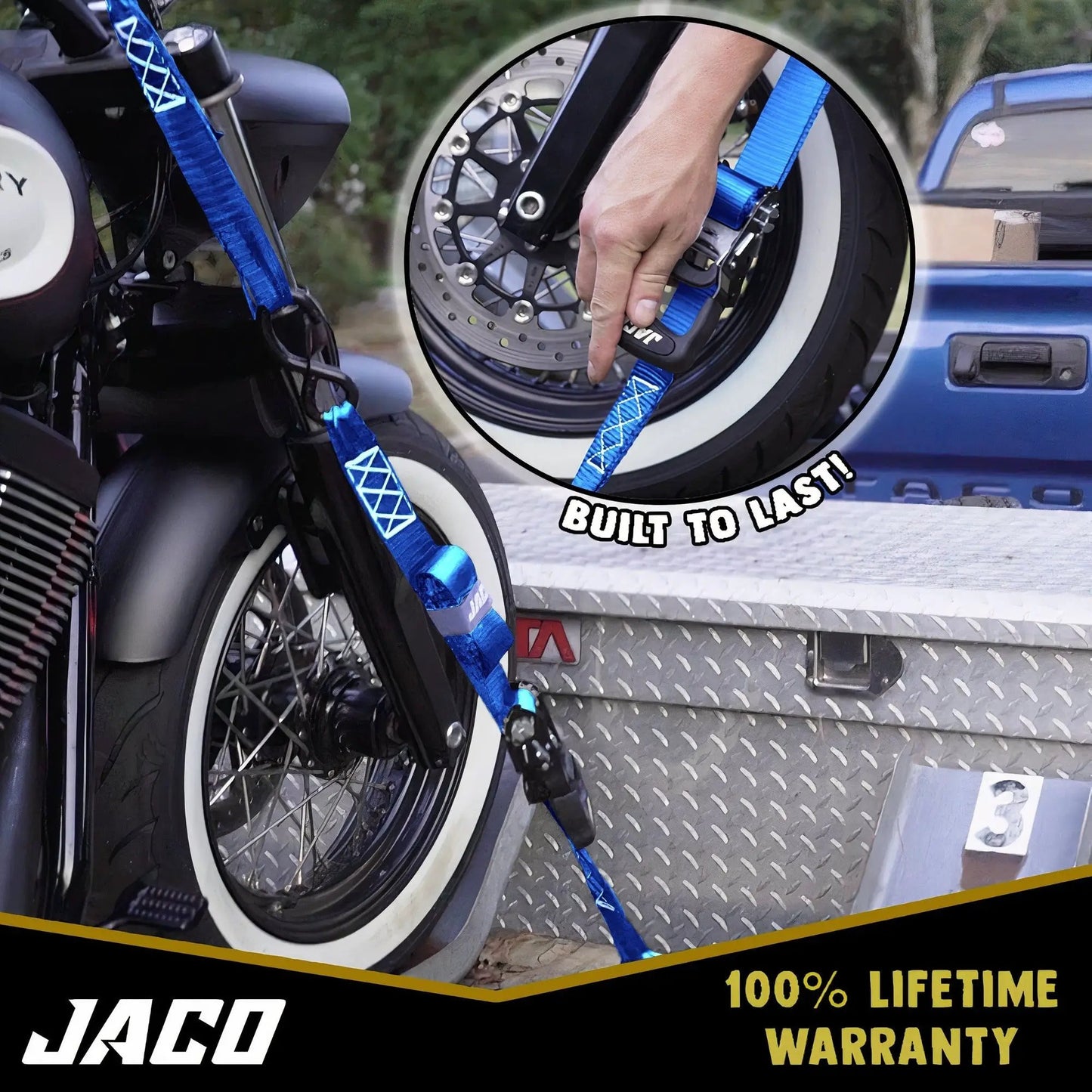 Heavy Duty Ratchet Tie-Down Strap with Soft Loops by JACO, blue securing motorcycle front wheel on Tampa Home & Garden Store