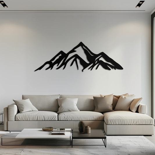 Mountain Metal Wall Art Majestic Peak Silhouette in black metal over a gray sofa on Tampa Home & Garden Store