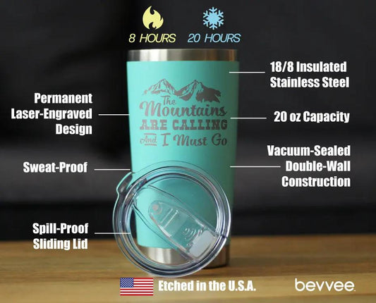 Bevvee Mountains Are Calling insulated tumbler teal, 20 oz, sliding lid stainless steel on Tampa Home & Garden Store