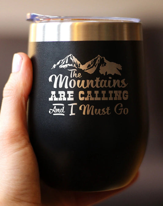 Wine tumbler bevvee black stainless steel sliding lid with The Mountains Are Calling motif on Tampa Home & Garden Store
