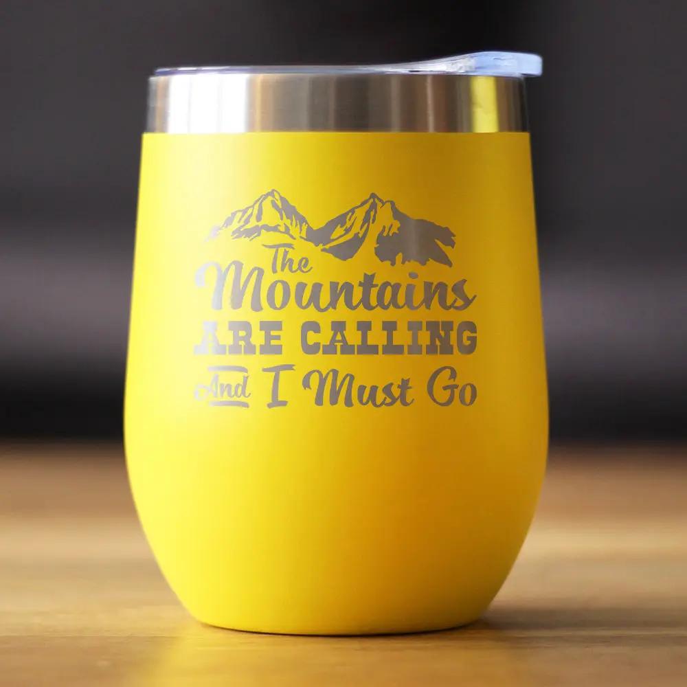 Wine Tumbler yellow stainless steel with sliding lid and Mountains Are Calling graphic on Tampa Home & Garden Store