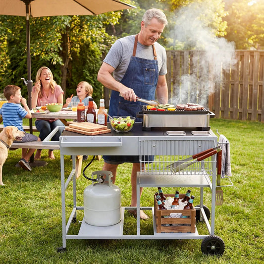 Movable stainless grill table with 2 spice containers for backyard BBQs on Tampa Home & Garden Store