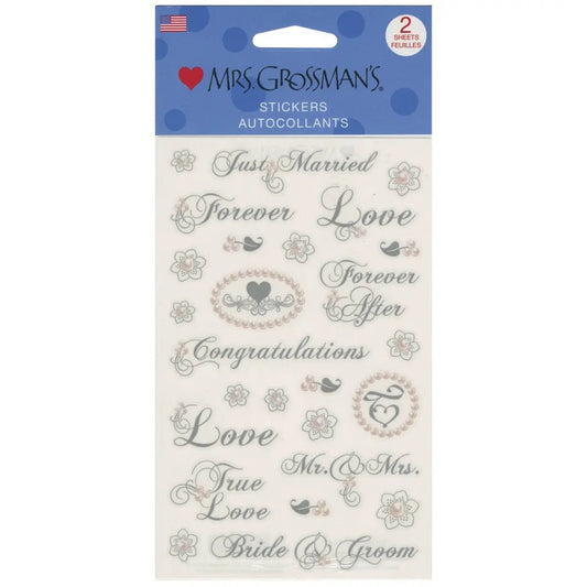 Wedding Phrases Foil Stickers by Mrs. Grossman's, 2 sheets with silver script for scrapbooks on Tampa Home & Garden Store