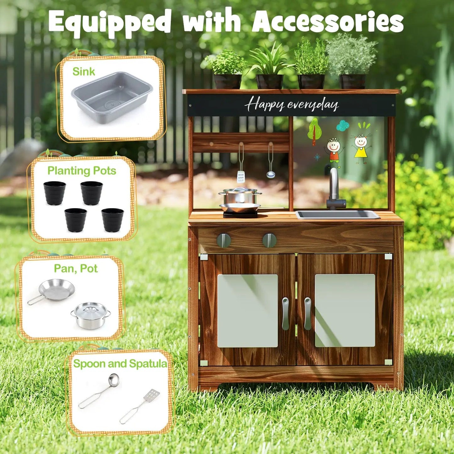 Mud Kitchen Fir Wood Play Kitchen with 4 Panting Pots Faucet Removable Sink-Natural - Tampa Home & Garden Store