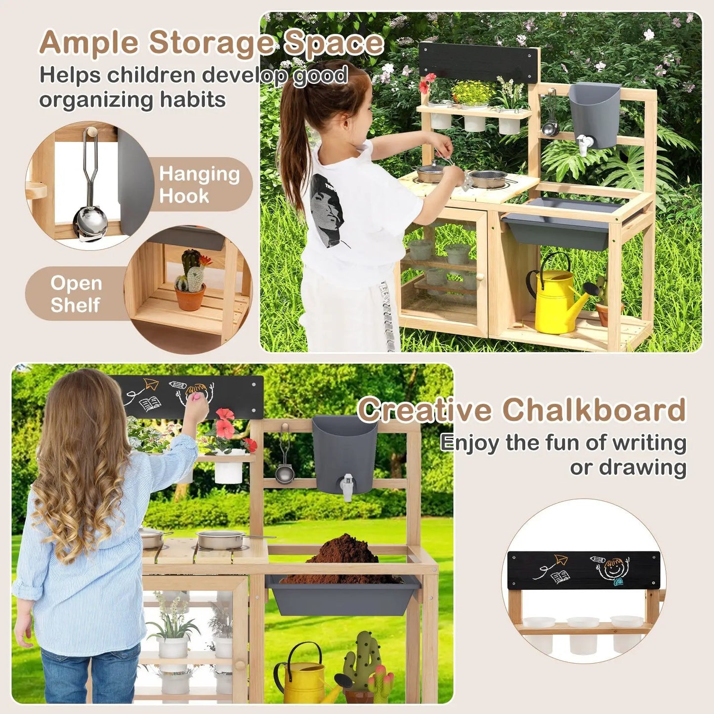 Mud Kitchen Playset with Sink and Plants, DirectDeals, natural wood outdoor kitchen with shelves on Tampa Home & Garden Store