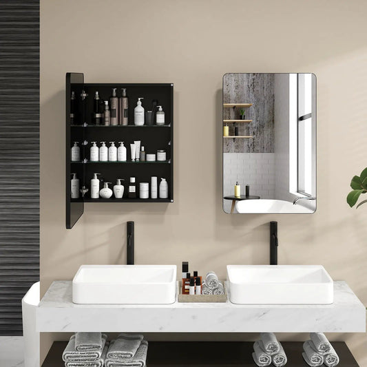 Two 20x30 Inch Black bathroom mirror cabinets with shelves above a double sink on Tampa Home & Garden Store