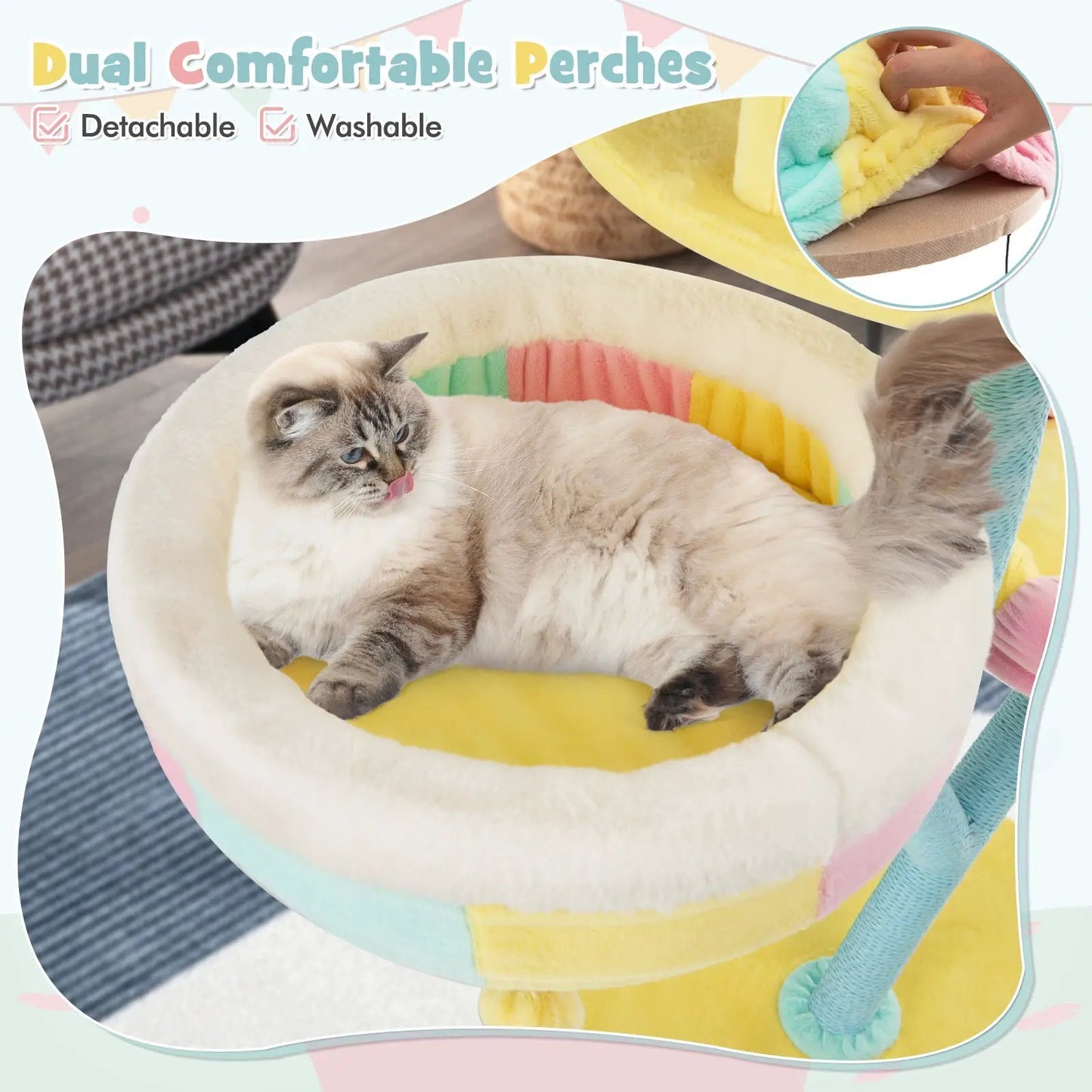 Multi Layer Cat Tree with Removable Perches pastel rainbow plush cat lounging on cozy round bed on Tampa Home & Garden Store