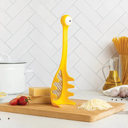 Multi Monster cheese grater and pasta spoon, yellow plastic with grater panel by OTOTO DESIGN on Tampa Home & Garden Store