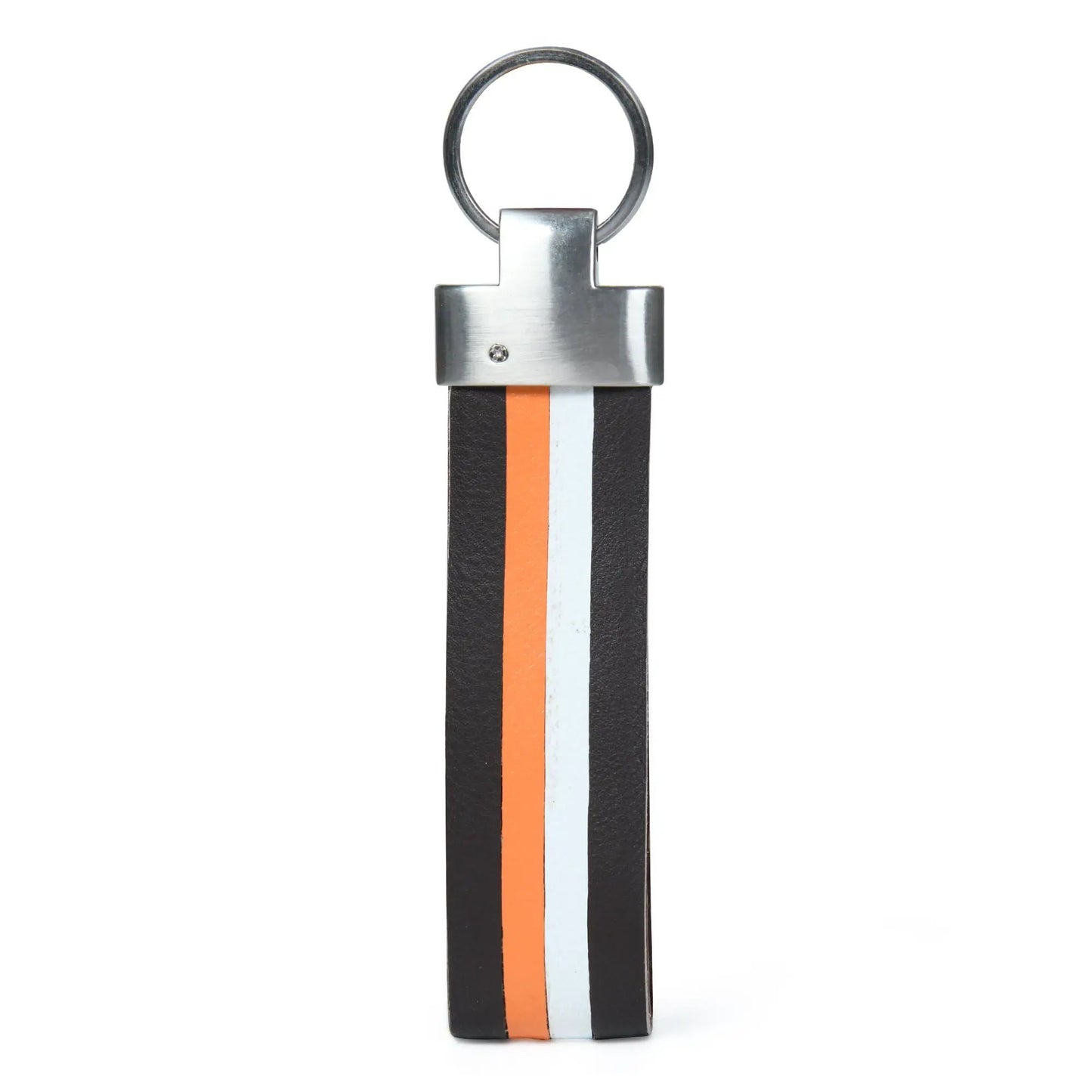 Multicolored leather keychain with metal ring and orange, white and black stripes on Tampa Home & Garden Store