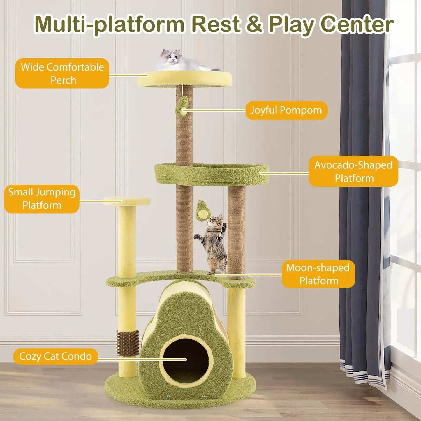 Freestanding Avocado Cat Tower with private condo featuring avocado-green platforms and posts on Tampa Home & Garden Store