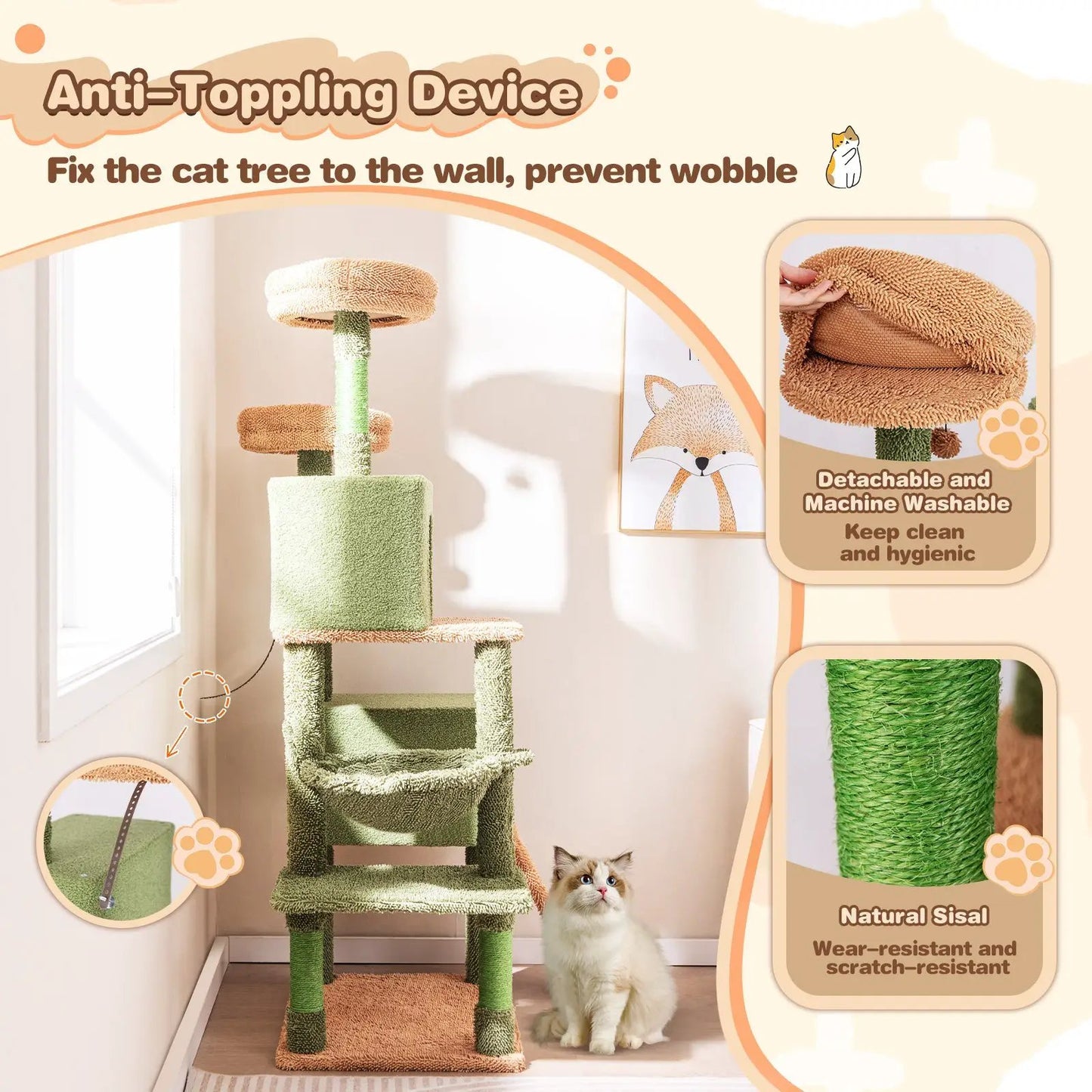 Multi Level Cactus Cat Tree with Scratching Posts, green sisal posts and plush platforms on Tampa Home & Garden Store