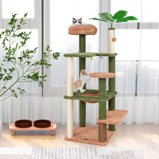 Cat Tree with Scratching Posts and Plush Bed, green and beige sisal rope posts on Tampa Home & Garden Store