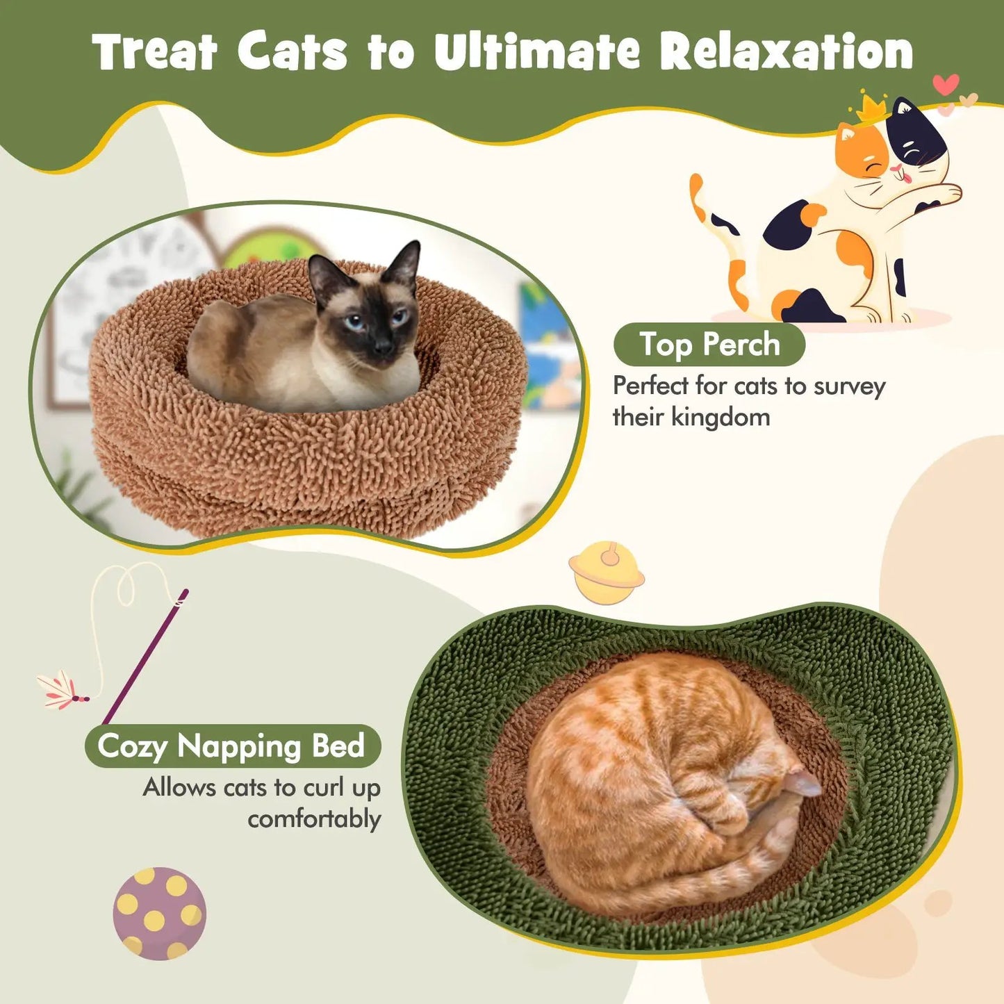 Cat tree with two plush beds, brown and green, scratching posts on Tampa Home & Garden Store
