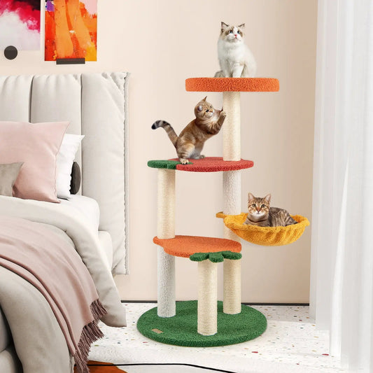 DirectDeals Multi Level Cat Tree with red orange fruit platforms and sisal posts three cats on Tampa Home & Garden Store