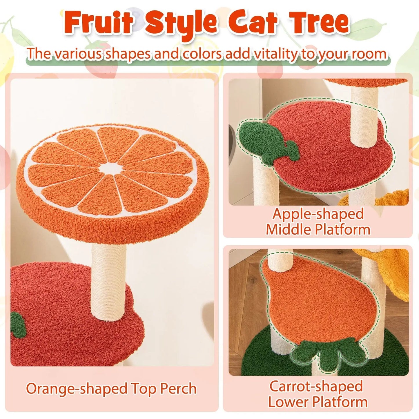 Fruit-style cat tree with 3 fruit platforms: orange top, red apple middle, carrot lower on Tampa Home & Garden Store