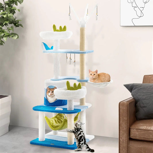 Multi Level Cat Tower With Sisal Posts Blue cat tree with perches and hanging toys on Tampa Home & Garden Store