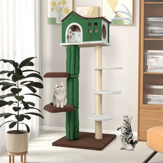 Multi Level Cat Tree with Condo and Anti-Tipping in green with beige platforms and two kittens on Tampa Home & Garden Store