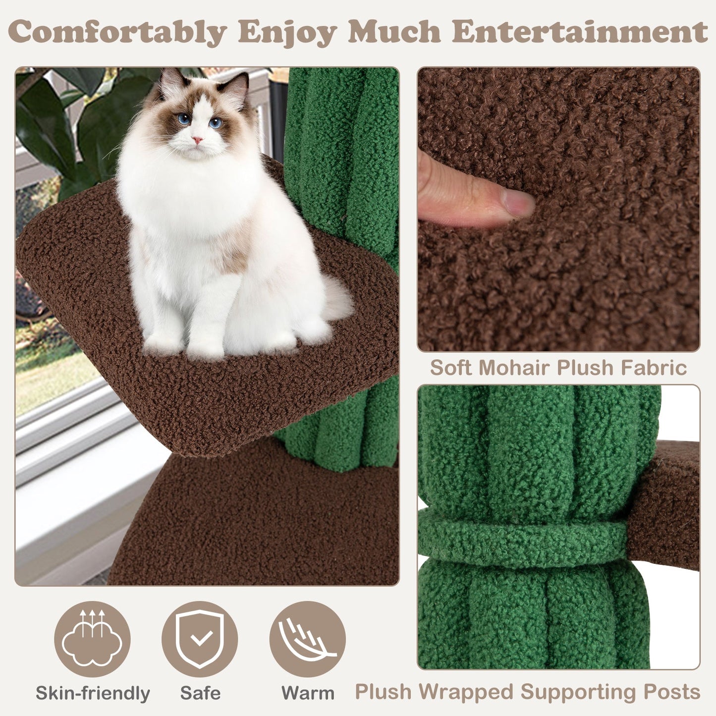 Multi Level Cat Tree with Condo, brown plush perch and green posts, Soft Mohair Fabric on Tampa Home & Garden Store