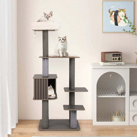 Indoor Cat Tree Tower with Cushioned Top Perch, beige plush top and gray sisal posts, two cats on Tampa Home & Garden Store