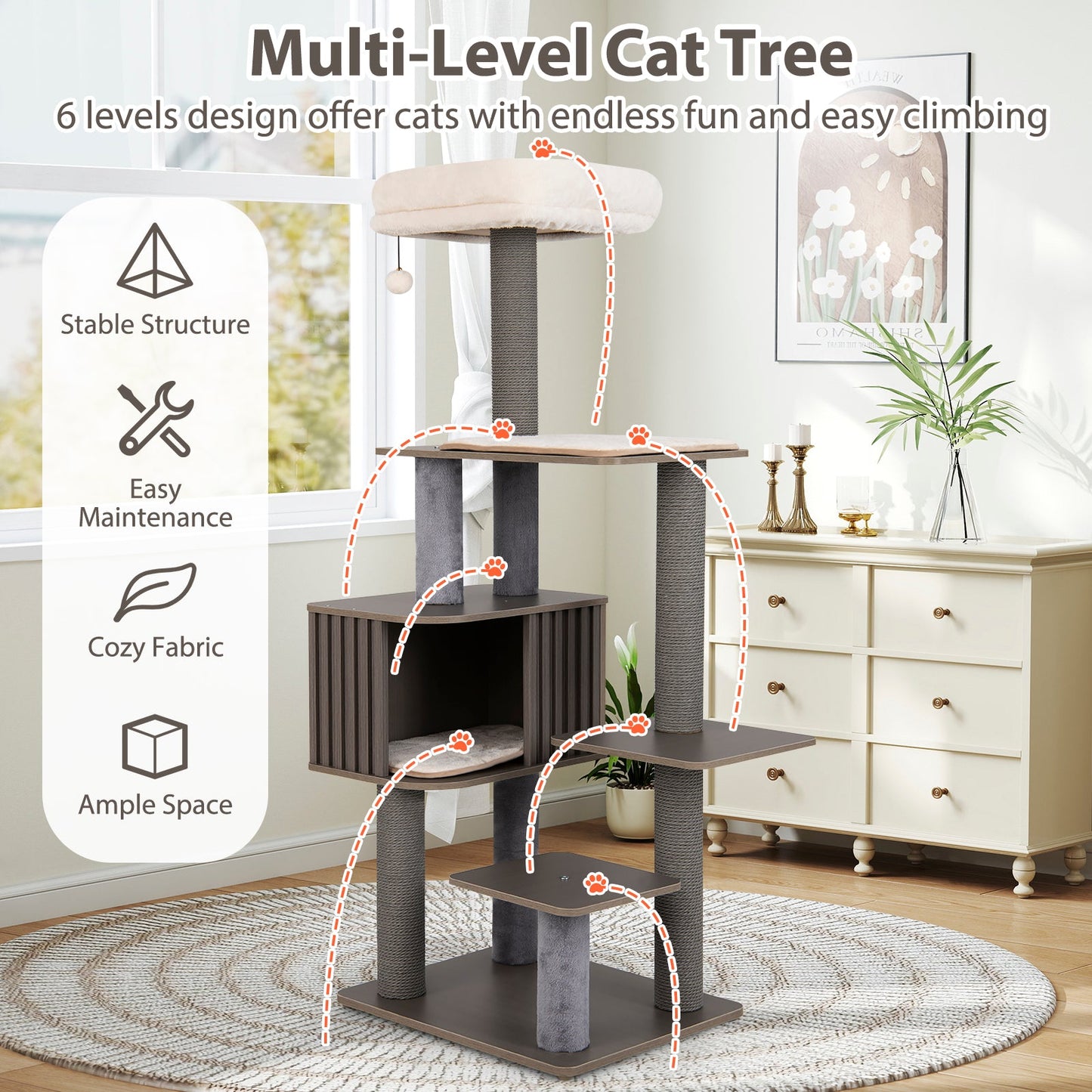 Indoor Cat Tree Tower with cushioned beige top perch and 6 levels, gray sisal posts on Tampa Home & Garden Store