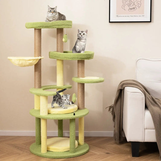 Avocado-themed green cat tree with multi-level perches and sisal posts; two cats on it on Tampa Home & Garden Store