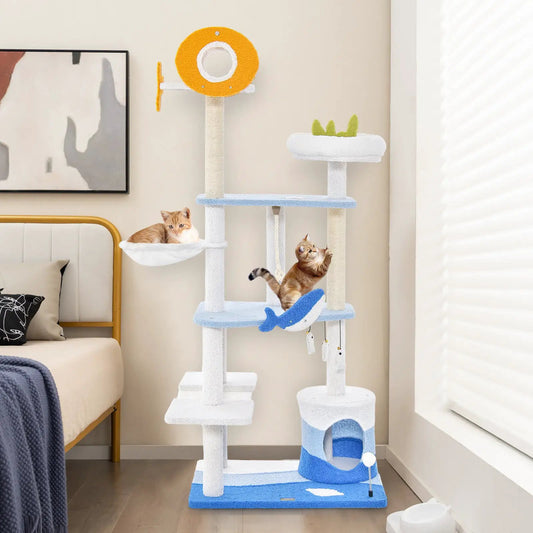 Ocean themed blue and white cat tree tower with sisal posts and multiple platforms, two cats on Tampa Home & Garden Store